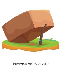 Trap cardboard box on wooden stick warning capture danger death mechanism isometric vector illustration. Catching wild animal nature hunting food bait dangerous installation crate decoy catcher