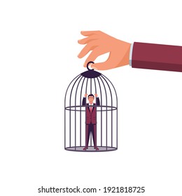 Trap concept. The businessman is caught and enslaved. Man in captivity, dependence on leadership. Vector illustration flat design. Isolated on white background. A man in a cage, sit behind bars.