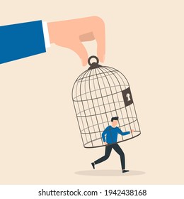 Trap concept. Giant hand capturing a running businessman with birdcage. Man in captivity, dependence on leadership. Vector illustration.