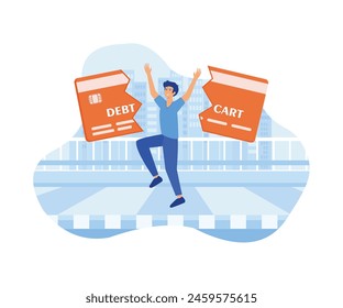 Trap of credit card debt concept. young man happy after paying off credit card debt. flat vector modern illustration 