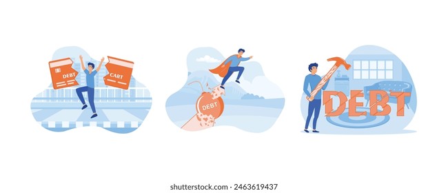 Trap of credit card debt concept. Fighting for profit. Businessman trying to crush and smash the heavy debt burden. Set flat vector modern illustration 