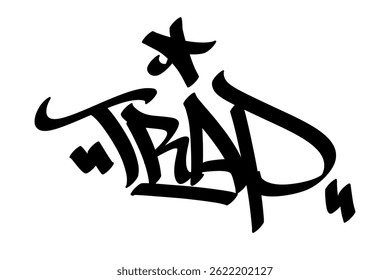 Trap graffiti tag in bold black ink on white background. Urban street art lettering, raw and dynamic design, perfect for branding, prints, streetwear, and digital projects.
