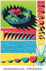 Trap and Heart, Abstract Poster Template. Mantrap, Deadfall, Geometric Shapes, 1980s Colors Background 