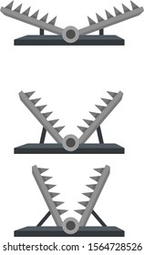 Trap for hunting animals. snare with sharp prongs. Set of steel dangerous objects. Cartoon flat illustration