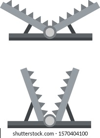 Trap for hunting animals. snare with sharp prongs. Set of steel dangerous objects. Cartoon flat illustration