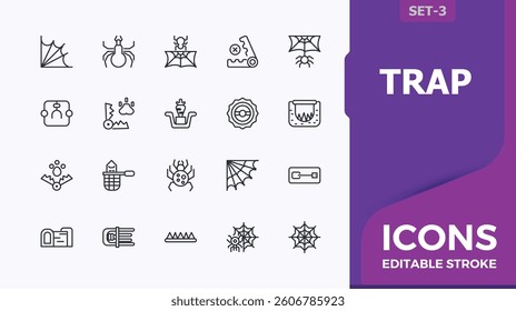 Trap icon pack. Related to bait, catch, animal and more. Animal Trap vector line icon set. Minimalist line symbol and sign. Signs for web and mobile app.