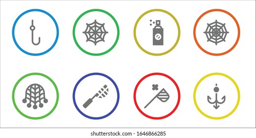 trap icon set. 8 filled trap icons.  Simple modern icons such as: Hook, Net, Spider web, Insecticide, Butterfly net