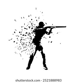 Trap shooting, aiming athlete with gun, isolated vector silhouette. Ink drawing