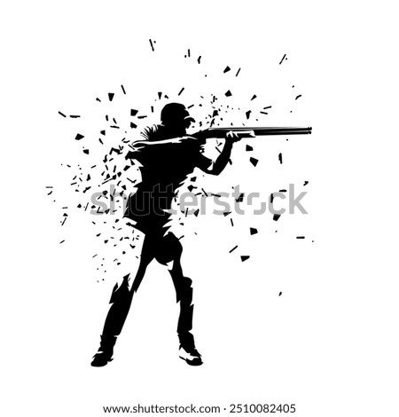 Trap shooting, aiming athlete with gun, isolated vector silhouette. Ink drawing
