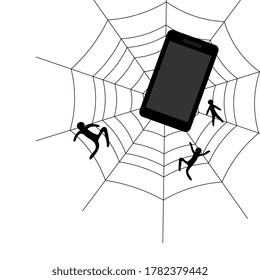 Trap spider web with a spider-smart phone mobile and caught by people. Symbol of dangerous gadget addiction. Abstract vector illustration.