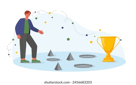 Trap to trophy concept. Businessman with dangerous path to golden cup and goblet. Entrepreneur, trader or investor with risk. Cartoon flat vector illustration isolated on white background