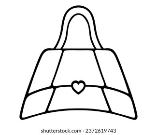 Trapeze bag. Sketch. A women's accessory with an overlapping top cover and a carrying handle. Heart shaped latch. Vector illustration. Doodle style. Outline on isolated background. Capacious attribute