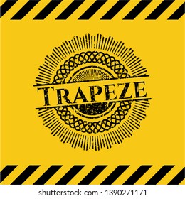 Trapeze black grunge emblem, yellow warning sign. Vector Illustration. Detailed.