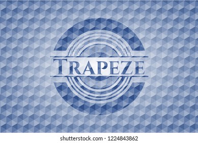 Trapeze blue badge with geometric background.