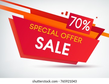 Trapeze sale shopping poster with discounts percentage and information about special offer sale on red creative shapes as a background vector illustration