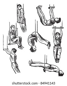 Trapeze, showing trapeze exercises, vintage engraved illustration. Trousset encyclopedia (1886 - 1891).