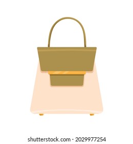 Trapeze women handheld bag with single handle. Fashion flap handbag from glossy leather with gold closure and convertible top. Stylish accessory. Flat vector illustration isolated on white background