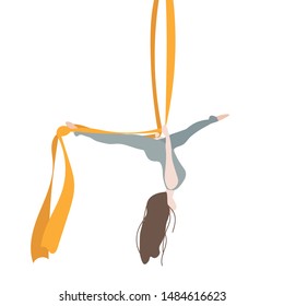 Trapeze Yoga Workout. The girl hangs on the trapeze upside down. In a cute cartoon style. Vector illustration.