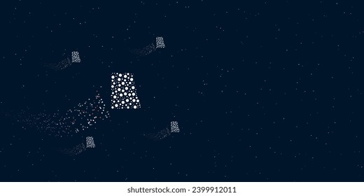 A trapezium symbol filled with dots flies through the stars leaving a trail behind. Four small symbols around. Empty space for text on the right. Vector illustration on dark blue background with stars