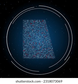 The trapezium symbol filled with white dots. Pointillism style. Some dots is red. Vector illustration on blue background with stars