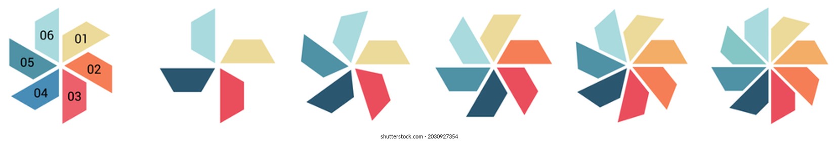 Trapezium or trapezoids arranged in circle pattern - version with four to eight parts, simple infographics element