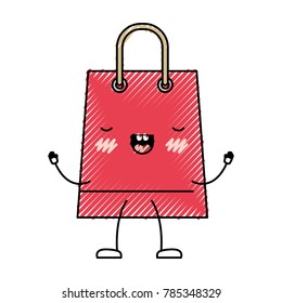 trapezoid animated kawaii shopping bag icon with handle in colored crayon silhouette