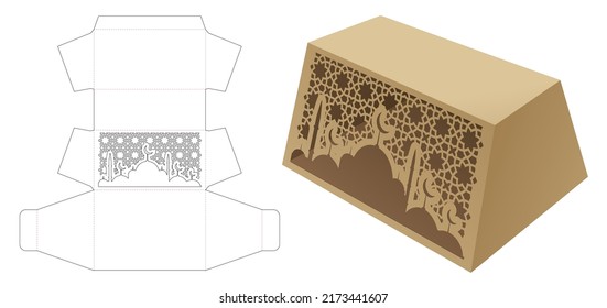 Trapezoid box with stenciled Arabic pattern die cut template and 3D mockup