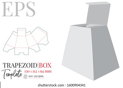 Trapezoid box vector. Template with die cut / laser cut lines. White, clear, blank, isolated trapezoid gift box mock up on white background. Trapezoid shape Present box. Packaging design