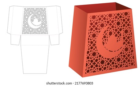 Trapezoid container with stenciled Ramadan die cut template and 3D mockup