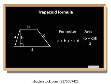 Trapezoid formula Geometric figures on black school board vector background. mathematical formula equation