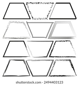 Trapezoid frame set. Varied line styles. Geometric vector shapes. Abstract black outlines.