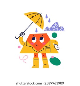 Trapezoid shape personage wearing wellingtons and coat holding umbrella. Vector cartoon character, sticker or emoji. Mascot standing under rain drops. Cute geometric creature with funny face