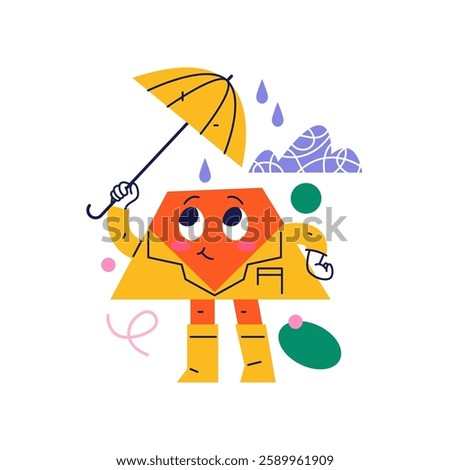Trapezoid shape personage wearing wellingtons and coat holding umbrella. Vector cartoon character, sticker or emoji. Mascot standing under rain drops. Cute geometric creature with funny face