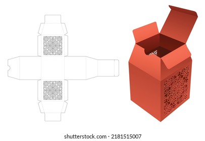 Trapezoid top box with stenciled pattern die cut template and 3D mockup