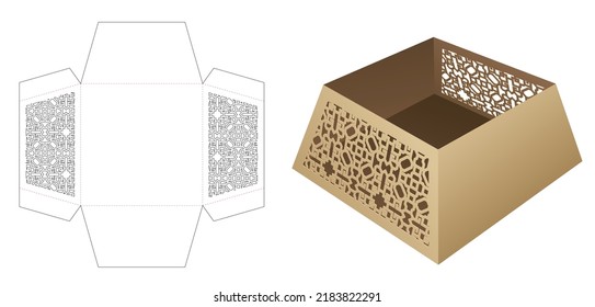 Trapezoid tray with stenciled pattern die cut template and 3D mockup