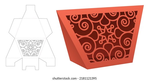 Trapezoid triangular shaped packaging with stenciled pattern window die cut template and 3D mockup