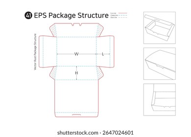 It is a trapezoidal four-sided adhesive box with an open top and is used for lunch boxes, gimbap, salads, and vegetable packaging. package Dieline. Box structure. 