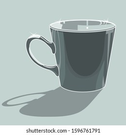 trapezoidal gray empty coffee and tea mug on isolated background with shadow, vector monochrome illustration
