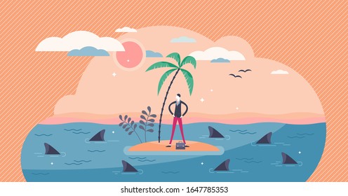 Trapped businessman surrounded by sharks, flat tiny person vector illustration. Aggressive market competition and risk assessment. Hesitation and anxious fear. Surviving on isolated island metaphor.