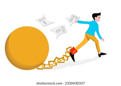 Trapped by debt, credit, and bills. Financial problem business illustration. concept. Businessman with legs chained to a giant yellow ball