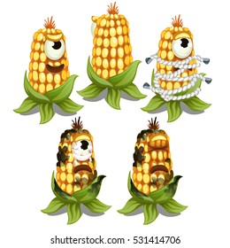Trapped fancy monster in the form of an one-eyed decaying cob of corn isolated on a white background. Vector cartoon close-up illustration.