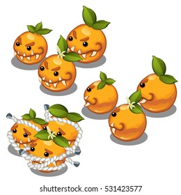 Trapped fancy monsters in the form of a scary toothy oranges isolated on a white background. Vector illustration.