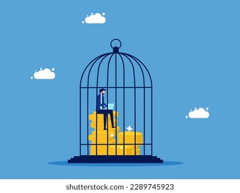 Atrapados en dinero o trabajando hasta la falta de libertad. Empresario trabajando con laptop en jaula y pila de dinero