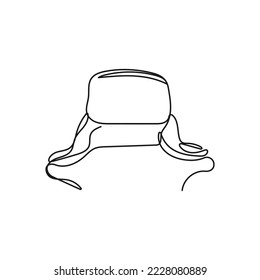 Trapper hat in continuous one line art style. Winter hat with ear flaps. Vector hand drawn black illustration isolated on white background.