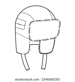 Trapper Hat with pocket. Winter Head Fashion accessory cap with fur clothing technical illustration. Vector headgear for Men, women, unisex style, flat template CAD mockup sketch outline isolated