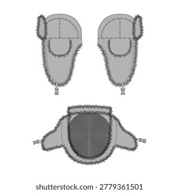 Trapper hat ushanka winter ear flap cap blank vector mockup template. Flat sketch technical drawing top side views. Faux fur aviator headwear apparel fashion design tech pack CAD illustration.