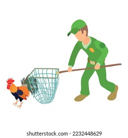 Trapping poultry icon isometric vector. Man with landing net near rooster icon. Capturing of domestic bird