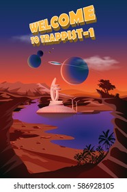 Trappist-1 system. Exoplanets. Space landscape, the colonization of the planets. Vector illustration