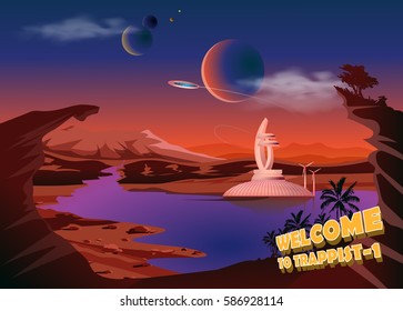 Trappist-1 system. Exoplanets. Space landscape, the colonization of the planets. Vector illustration