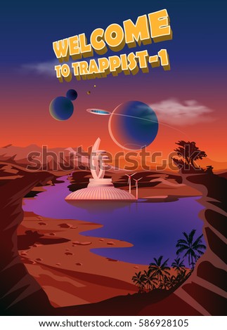 Trappist-1 system. Exoplanets. Space landscape, the colonization of the planets. Vector illustration
